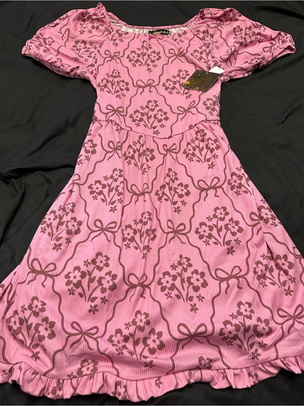 Planet Gold Pink Dress with Brown Floral & Bow Print